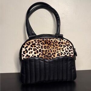 Black and Brown Quilted Shoulder Bag with Leopard Print